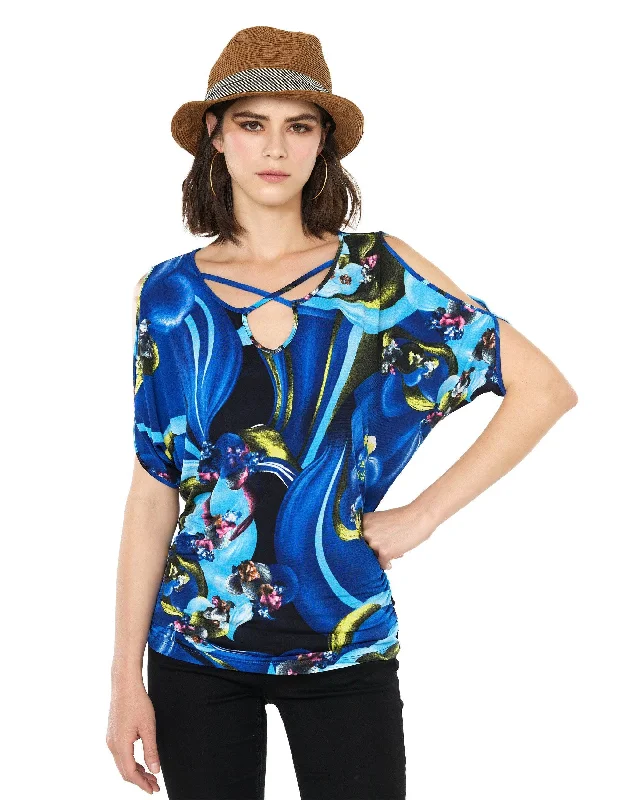 Cold Shoulder Dolman Sleeve Top - Blue Floral