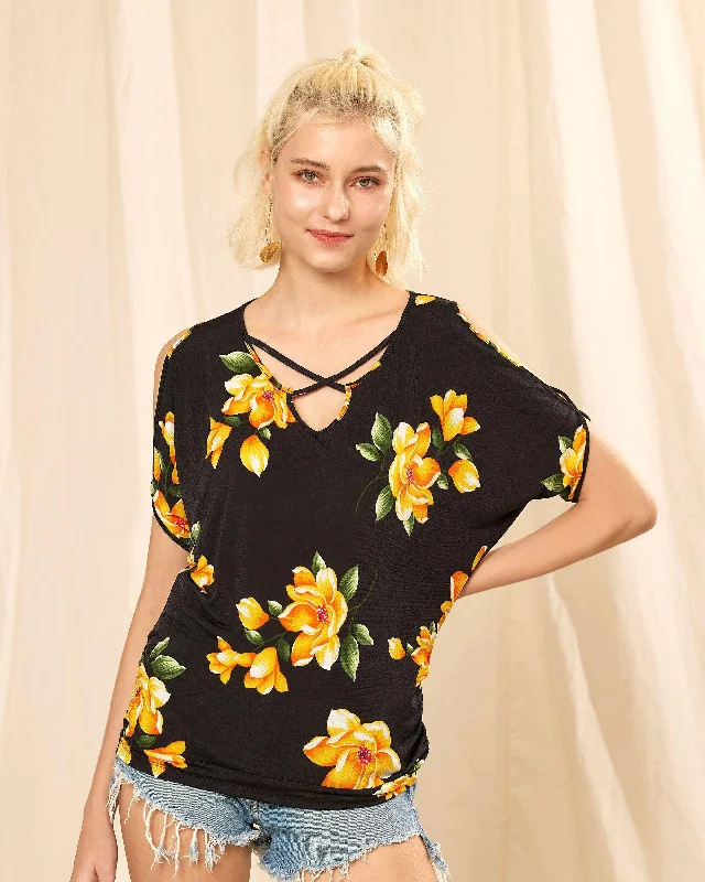 Cold Shoulder Dolman Sleeve Top - Yellow Floral