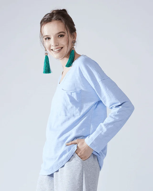 Long Sleeve Slouchy Pocket Tee - LT.Blue