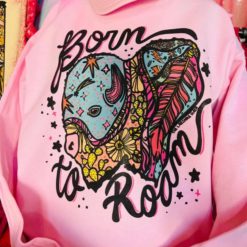 Online Exclusive | Born To Roam Buffalo Long Sleeve Graphic Sweatshirt in Baby Pink