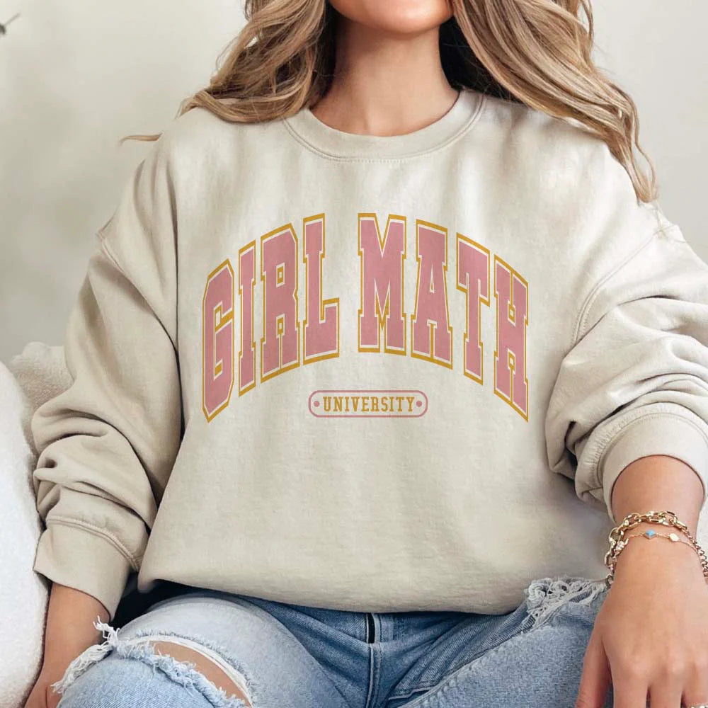 Online Exclusive | Girl Math University Long Sleeve Graphic Sweatshirt in Cream