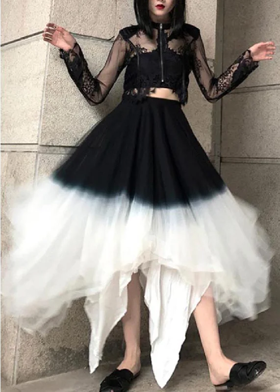 Art Black White Color block tulle Patchwork Skirts Summer