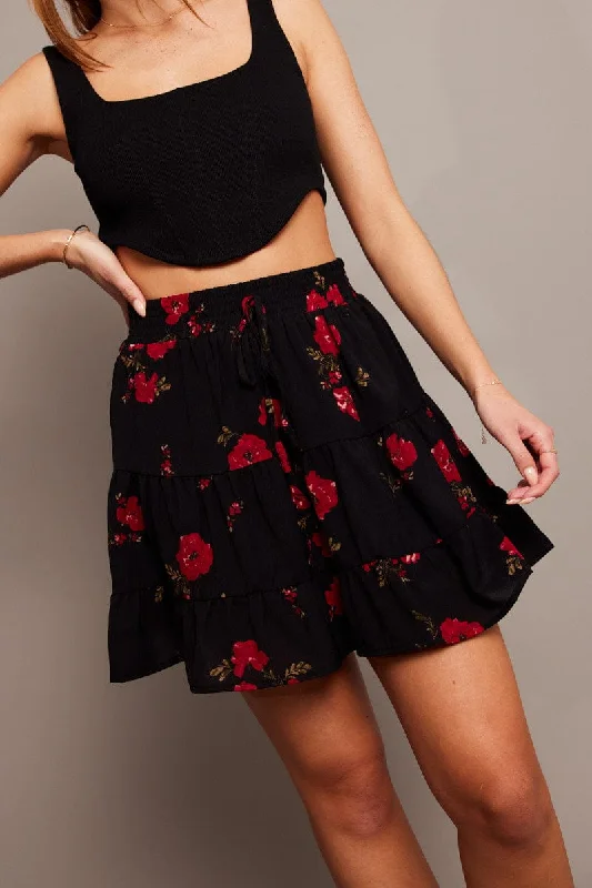 Black Floral Skater Skirt Mini