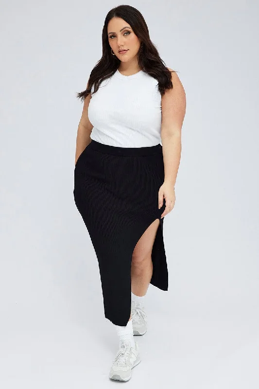 Black Knit Skirt Front Split Bodycon