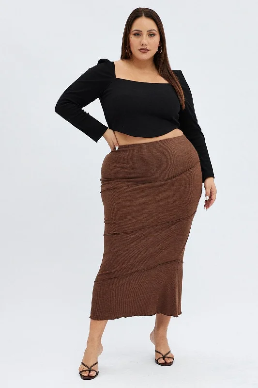 Brown Maxi Skirt Asymmetric Rib