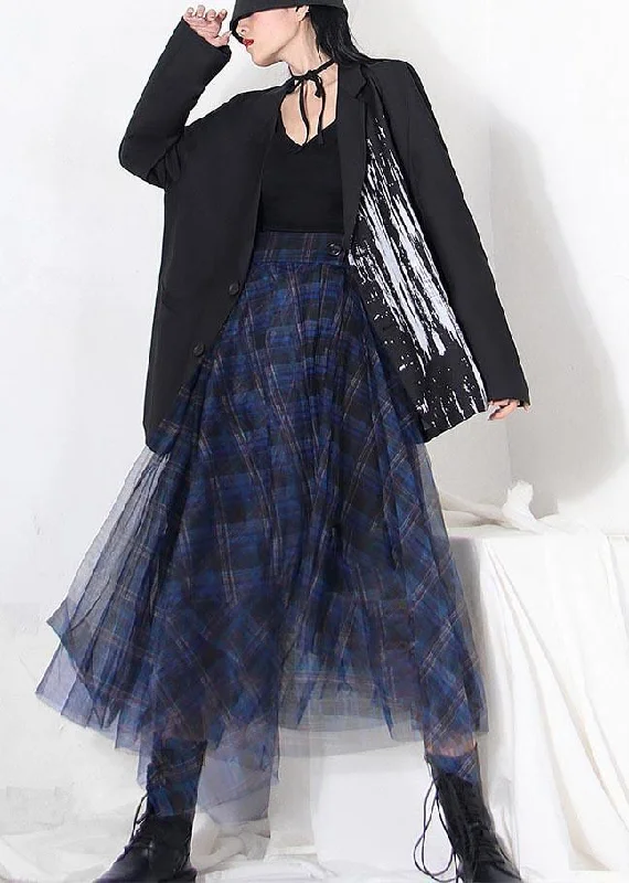 Fine Blue Plaid Button Asymmetrical Summer Skirt