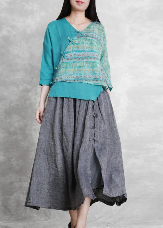 French Grey Elastic Waist Oriental Summer Linen Skirt