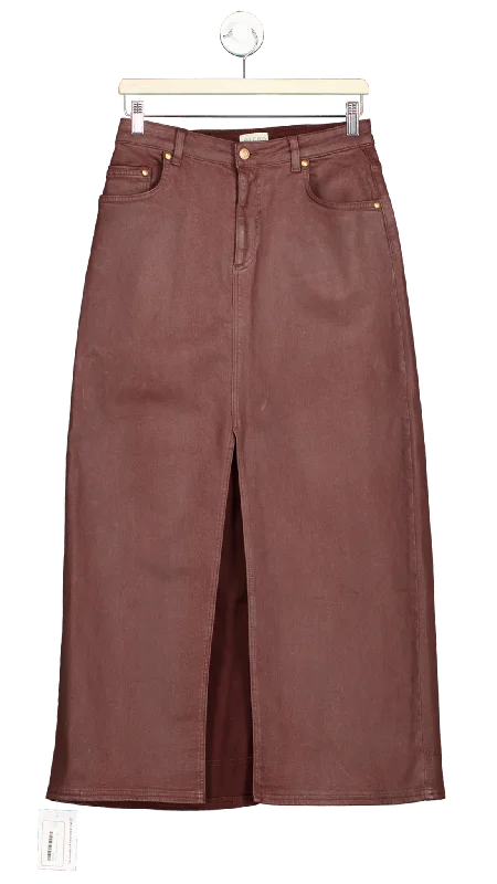 Anthropologie Pilcro Burgundy Denim Midi Coated Skirt Size UK 12