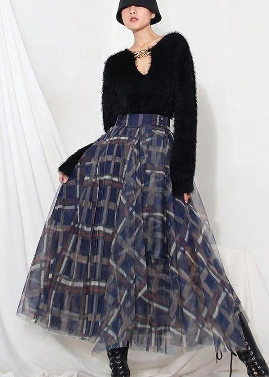 Women Blue Plaid zippered A Line Skirt Summer