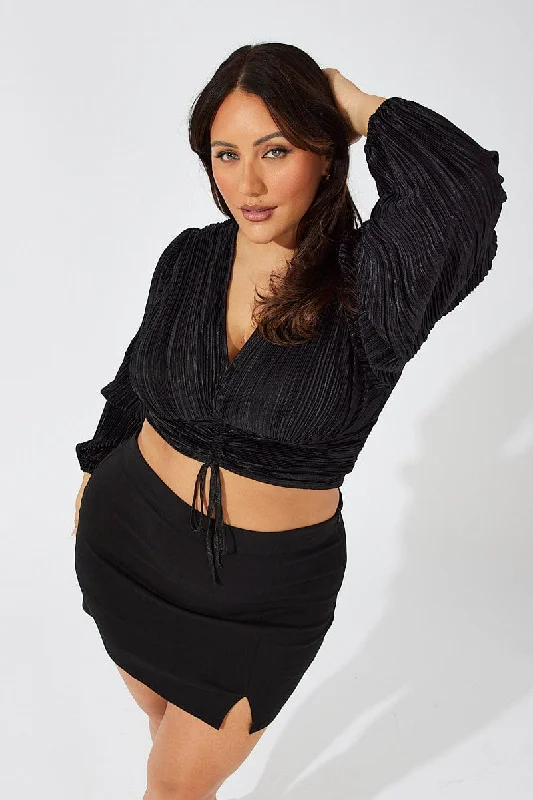 Black Crop Top Long Sleeve Ruched Plisse