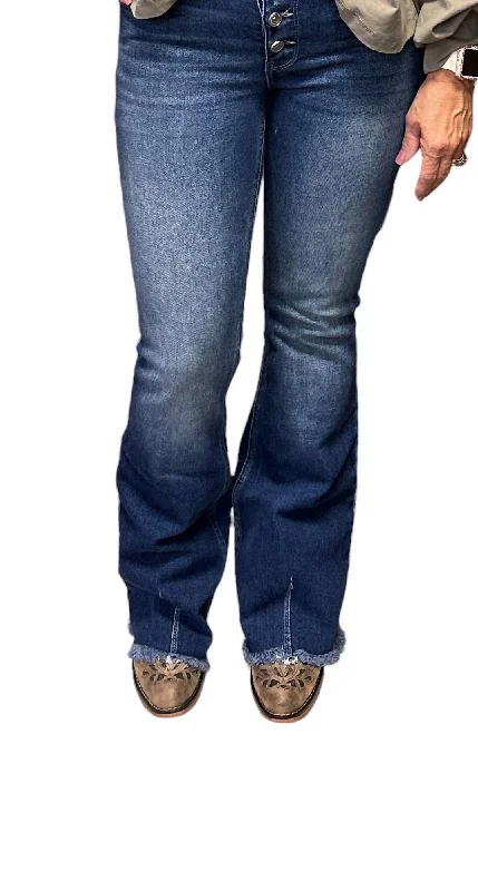 Mid Rise Button Fly Flare Jeans In Deep Blue