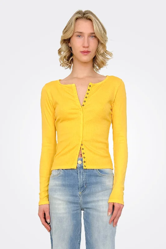 Rib Long Sleeve Snap Front Cardigan - Dandelion