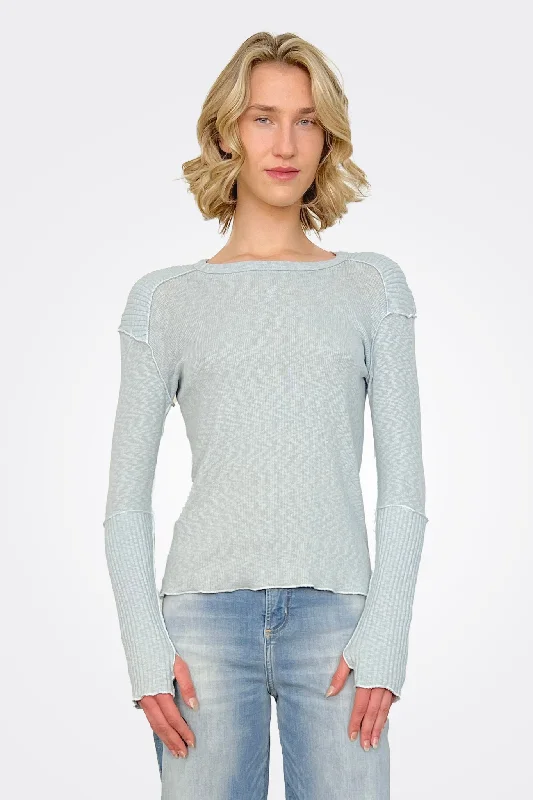 Ribbed Sleeve Long Sleeve Top - Aqua Sky