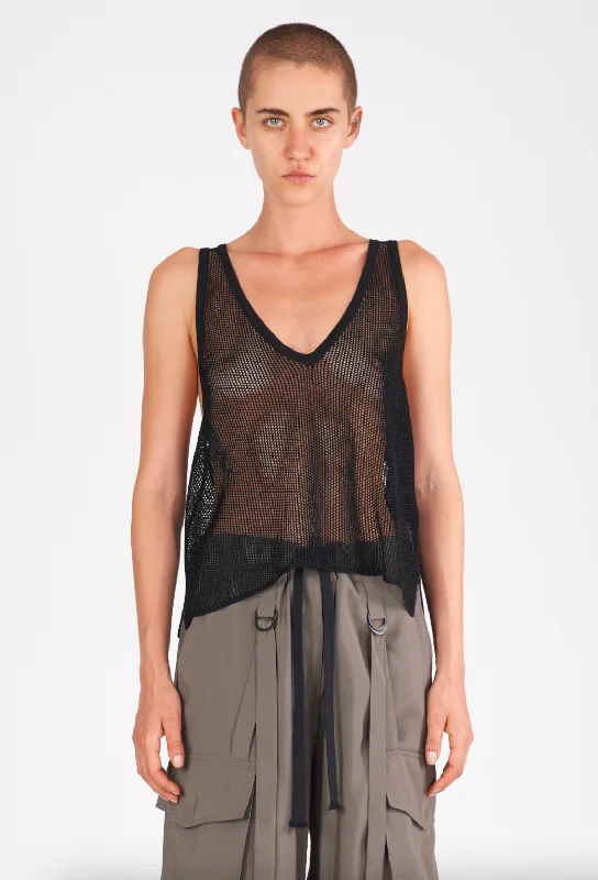 Shiny Viscose Mesh V Neck Tank - Black