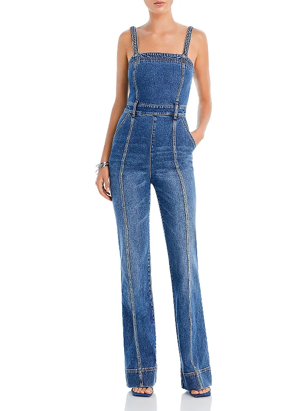 Womens Denim Smocked Overall Jeans