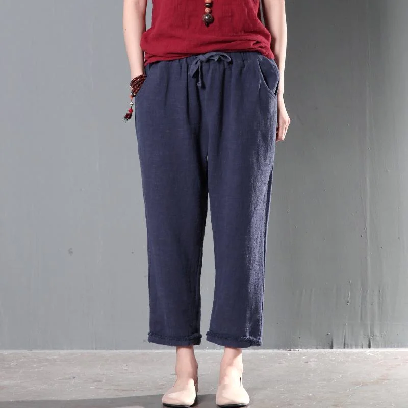 Navy causal linen pants women trousers