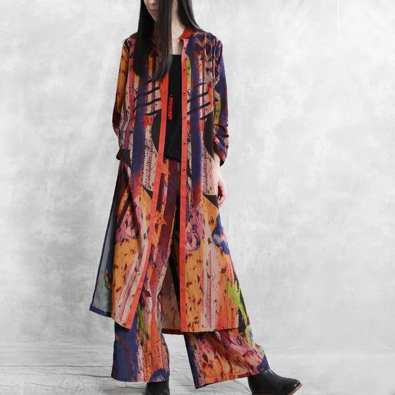 Original loose plus size literary print set 20 spring long shirt casual wide leg pants