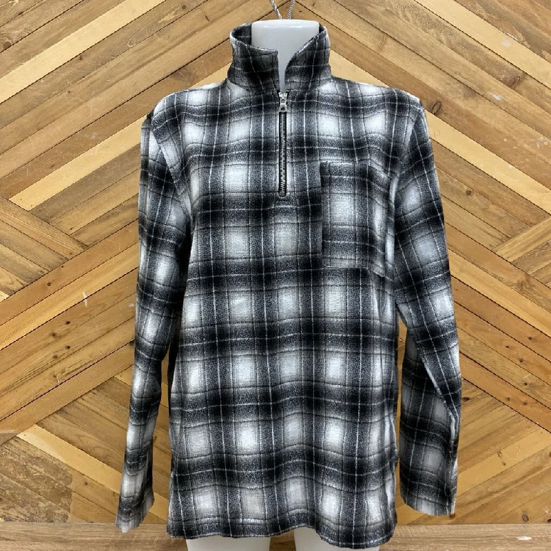 1/4-Zip Flannel Shirt: Black/White Plaid-women-LG