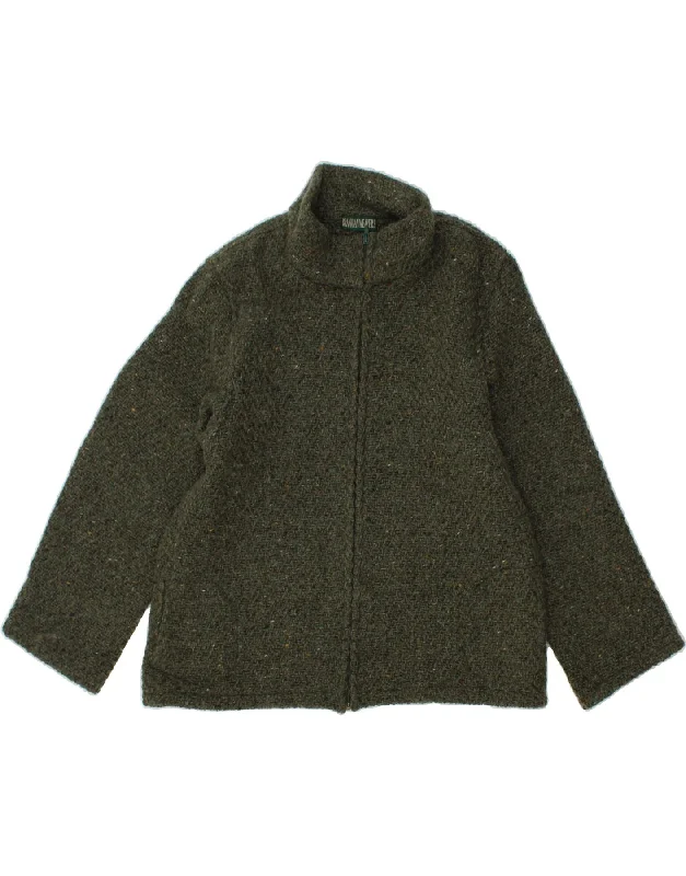 BRANIGAN WEAVERS Womens Knit Bomber Jacket UK 14 Medium Green Flecked Wool