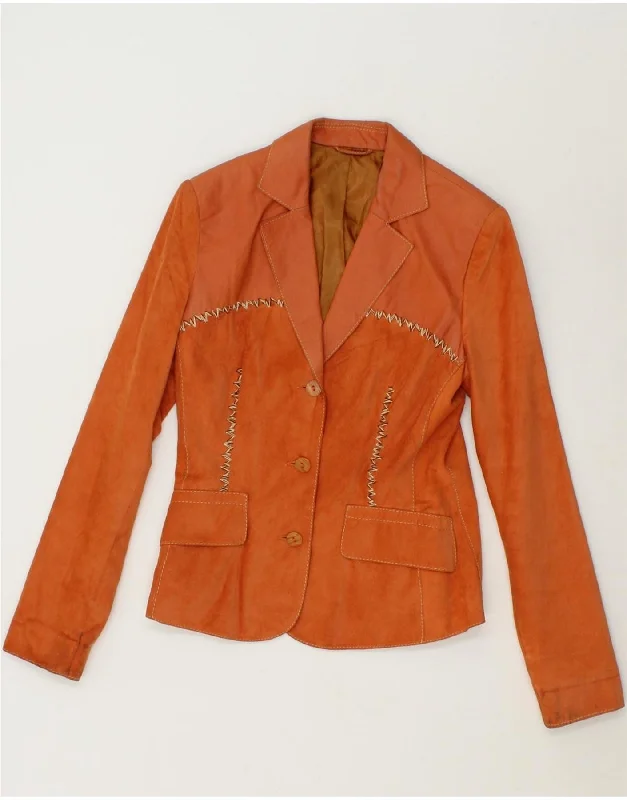 VINTAGE Womens Leather 3 Button Blazer Jacket IT 36 XS Orange Leather