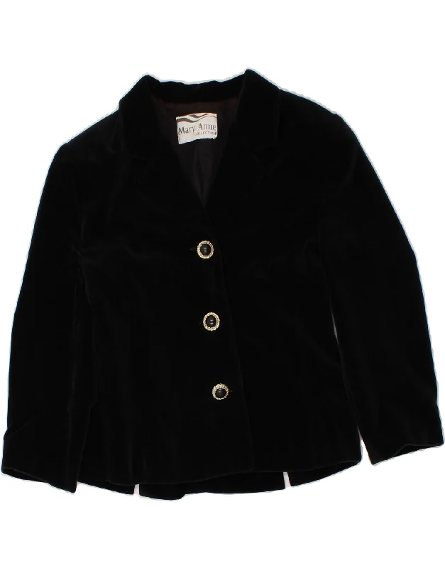 VINTAGE Womens Velvet 3 Button Blazer Jacket UK 10 Small Black Cotton