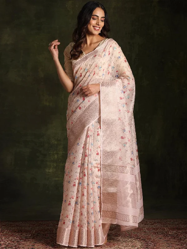 Beige Printed Silk Blend Saree With Unstitched Blouse Piece