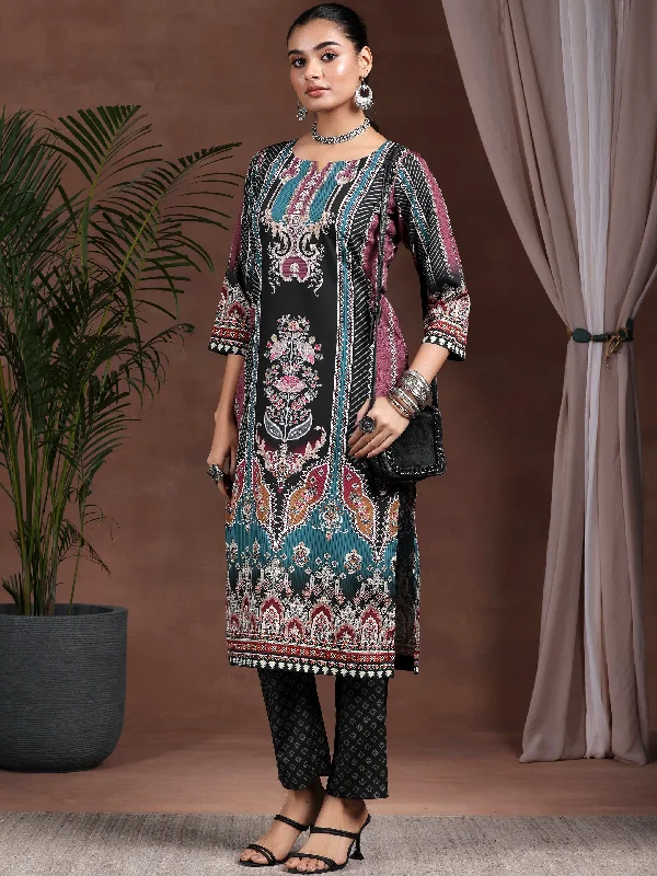 Black Printed Poly Crepe Straight Suit With Dupatta