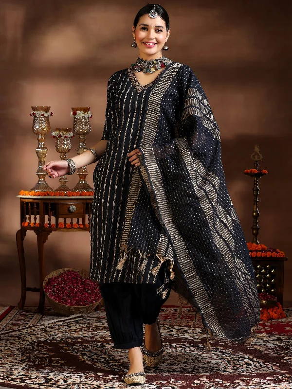 Black Woven Design Cotton Blend Straight Suit With Dupatta