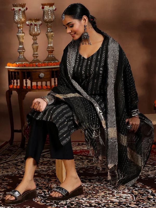 Black Woven Design Cotton Blend Straight Suit With Dupatta