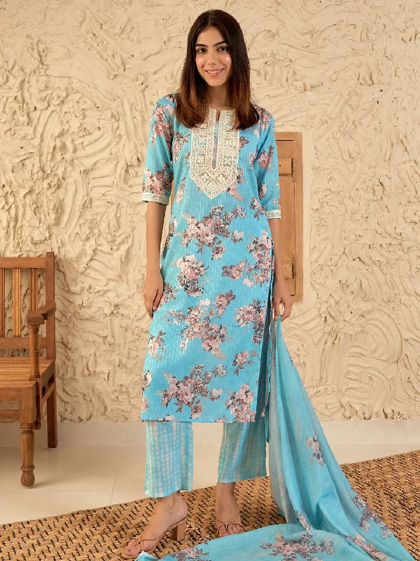 Blue Printed Cotton Straight Suit With Dupatta