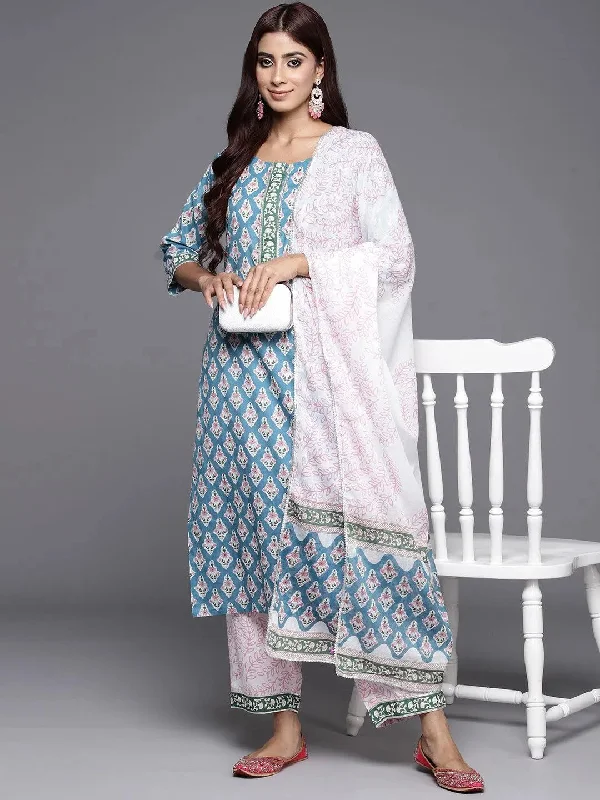 Blue Printed Cotton Straight Kurta With Trousers & Dupatta