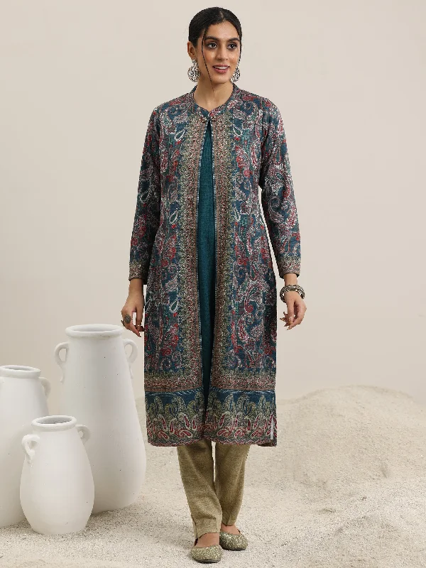 Blue Printed Wool Straight Kurta