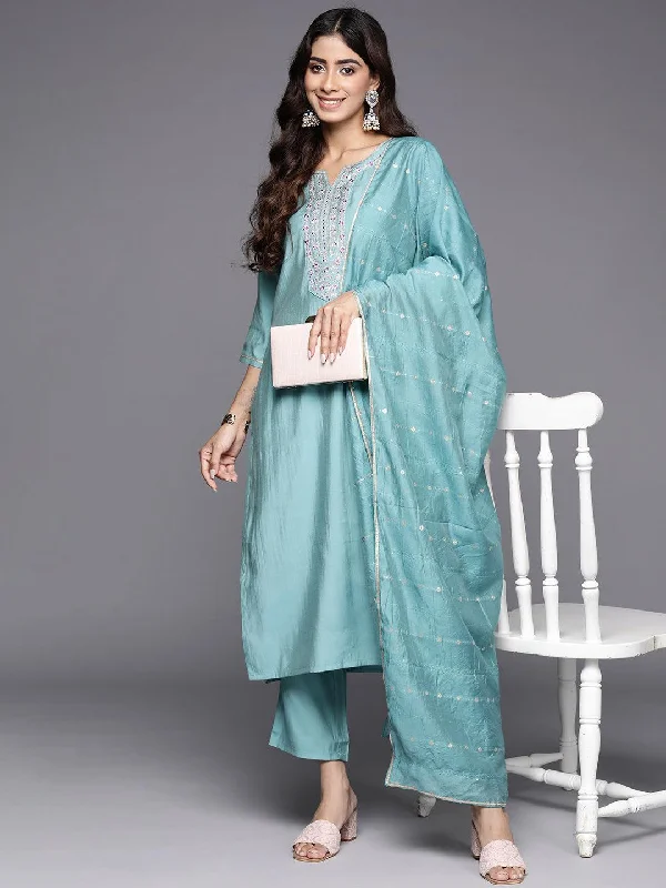 Blue Yoke Design Silk Blend Straight Suit With Dupatta