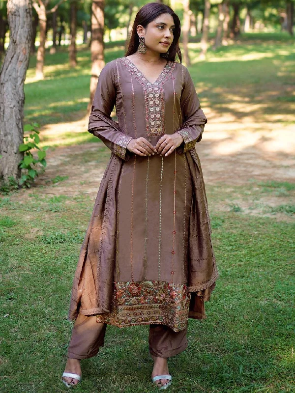 Brown Embroidered Silk Straight Suit With Dupatta