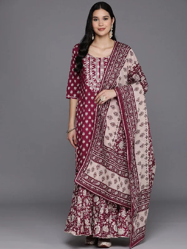 Burgundy Yoke Design Cotton Straight Sharara Suit Set With Dupatta