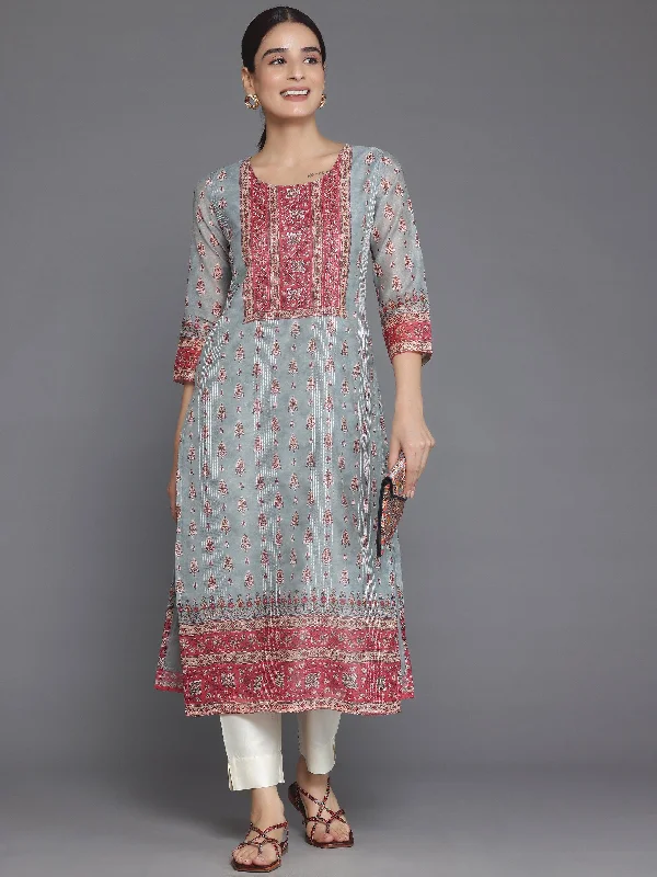 Grey Printed Chanderi Silk Straight Kurta