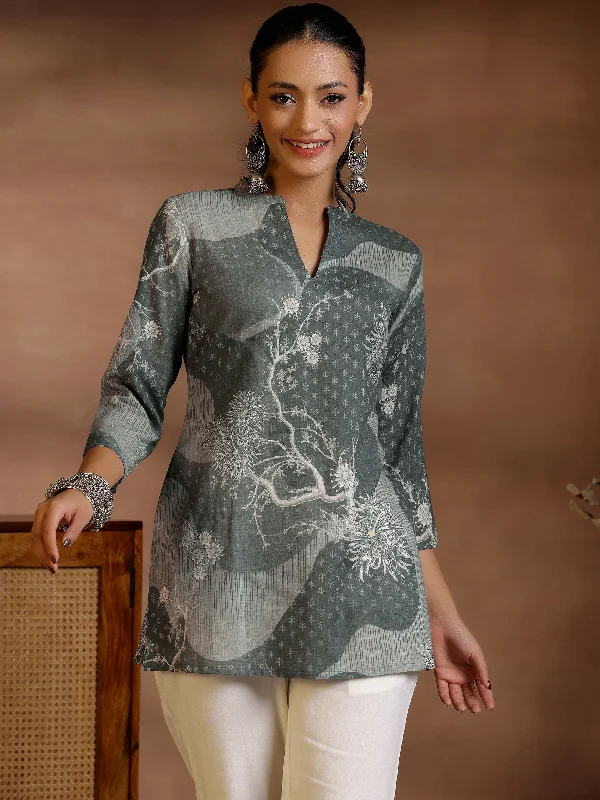 Grey Printed Linen Straight Kurtis