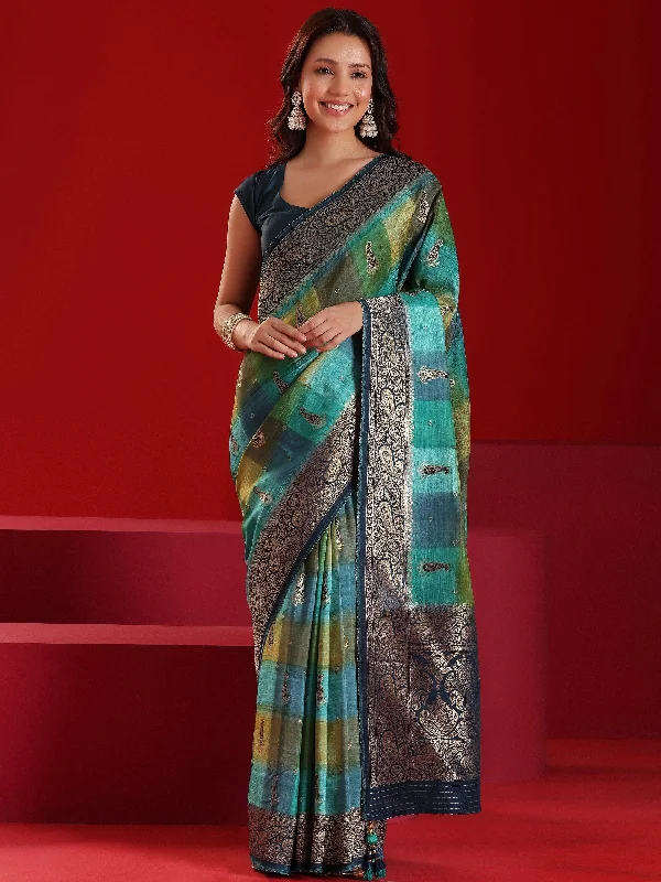 Libas Art Green Woven Design Satin Saree With Unstitched  Blouse Piece