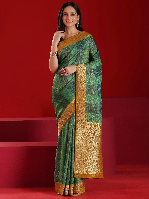 Libas Art Green Woven Design Satin Saree With Unstitched  Blouse Piece