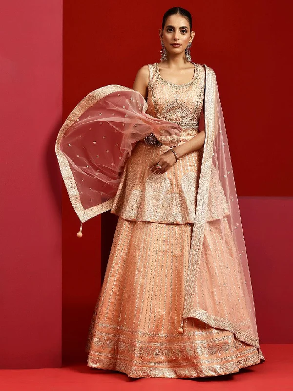 Libas Art Peach Embroidered Silk Blend Lehenga Set