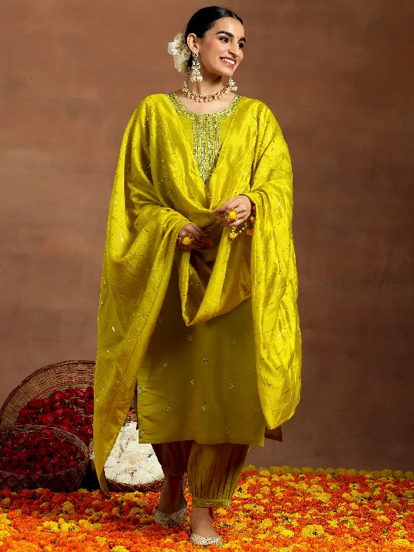 Lime Green Embroidered Silk Blend Straight Suit With Dupatta