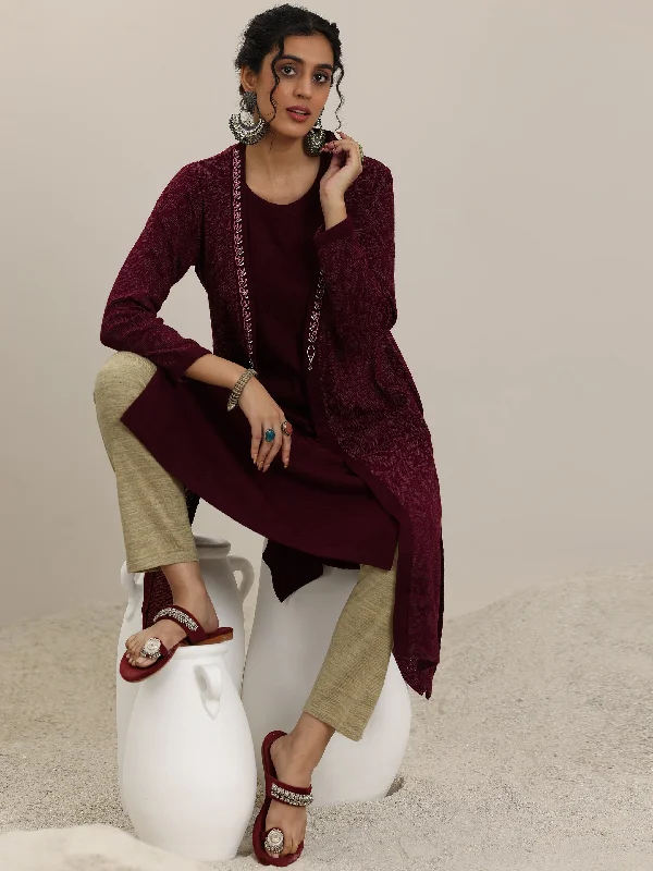 Maroon Solid Wool Straight Kurta