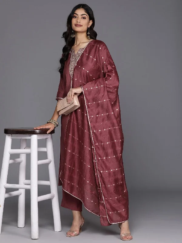 Mauve Yoke Design Silk Blend Straight Suit With Dupatta