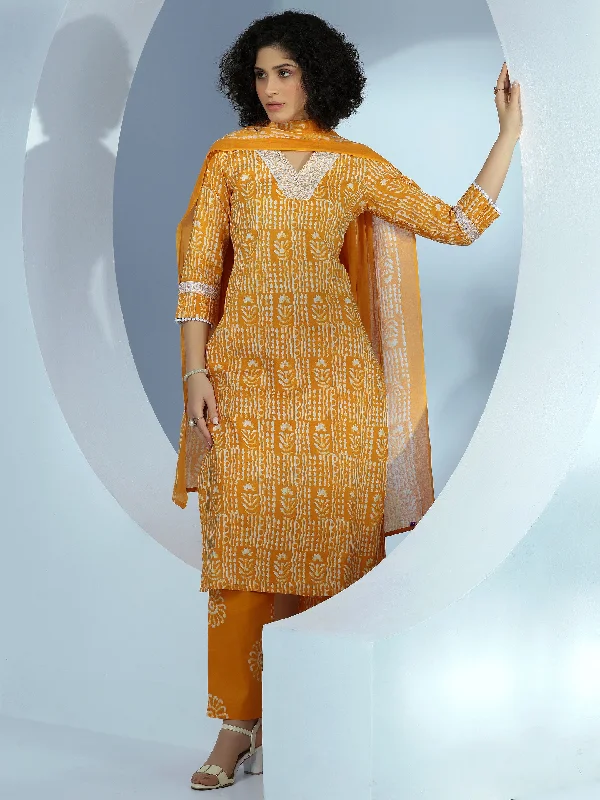 Mustard Printed Cotton Straight Suit With Dupatta