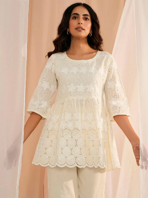 Zoya Off White Embroidered Cotton A-Line Kurti