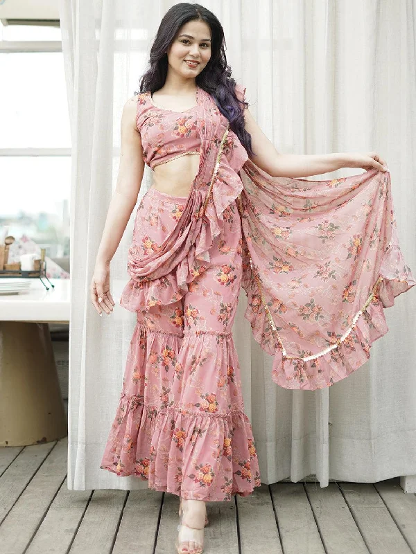 Pink Printed Georgette Palazzo Saree