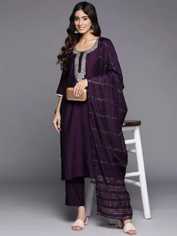 Purple Embroidered Silk Blend Straight Suit With Dupatta