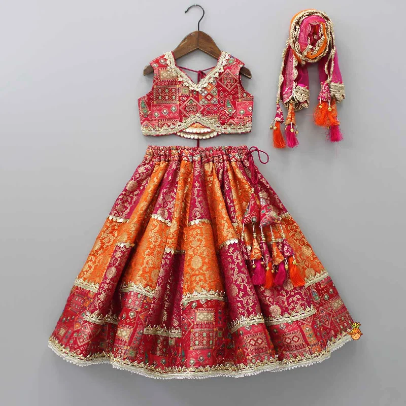 Stylish Brocade Multicolour Top And Lehenga With Net Dupatta