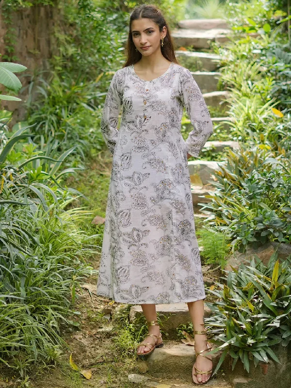 White Printed Cotton A-Line Dress