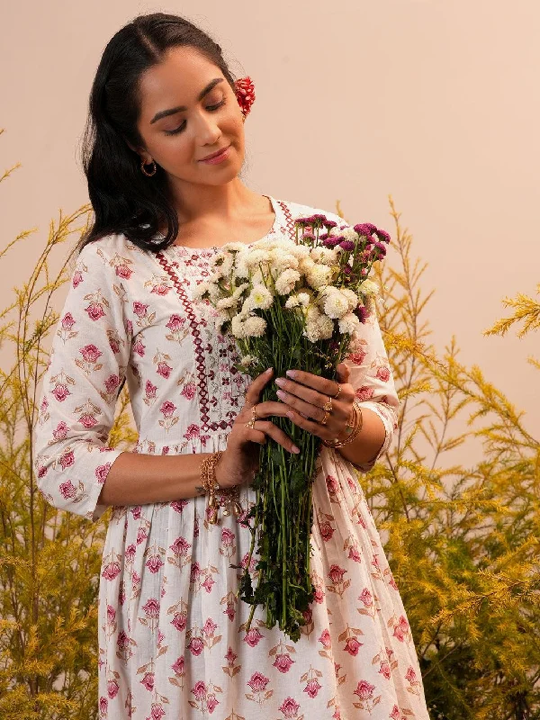 White Printed Cotton Fit and Flare Dress